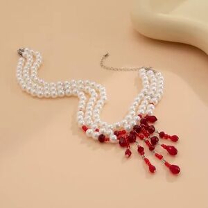 Vampire Pearl Choker with Blood Red Crystal Drops Gothic Halloween Necklace